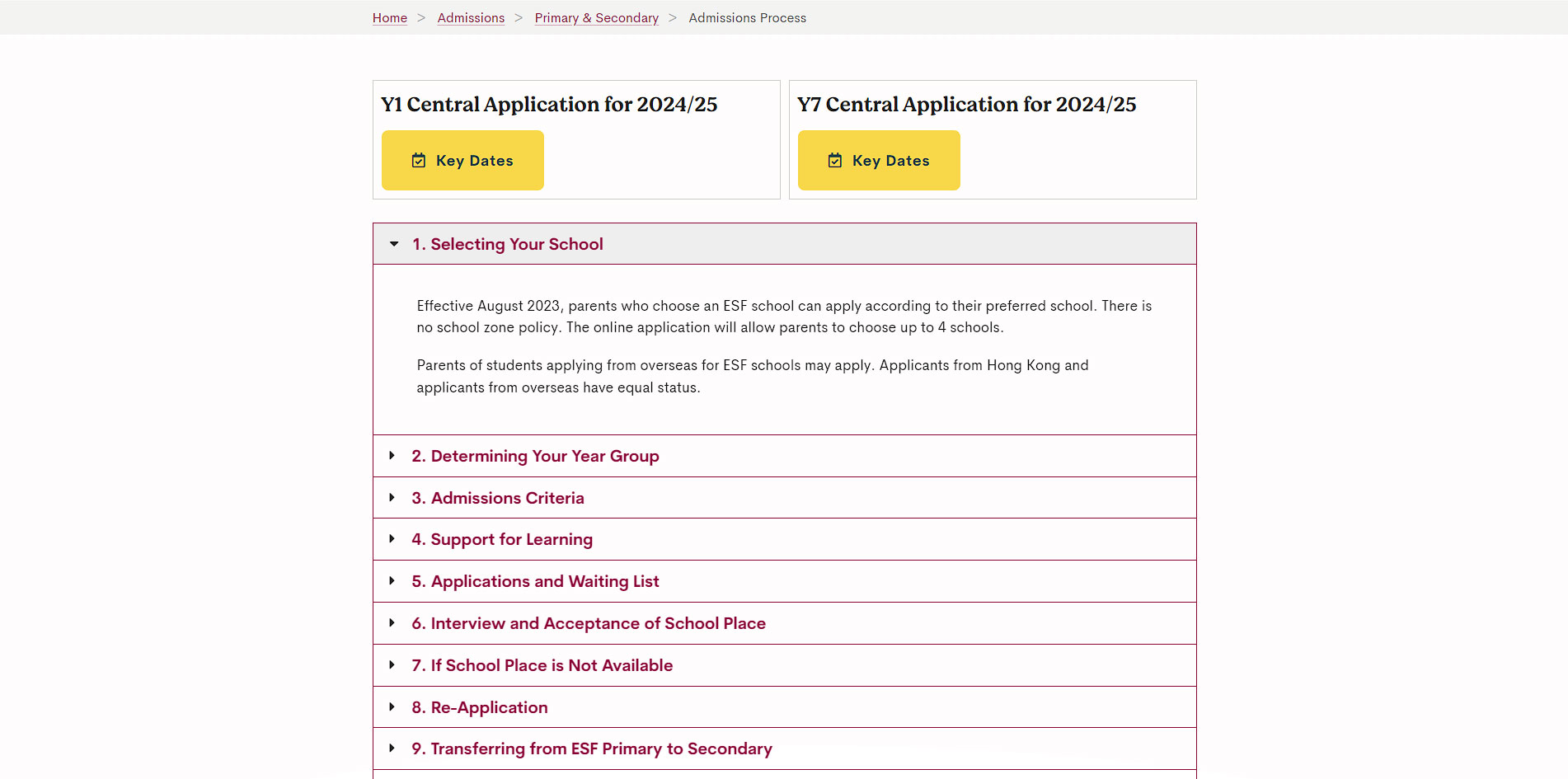 ESF Admissions Information Accordion